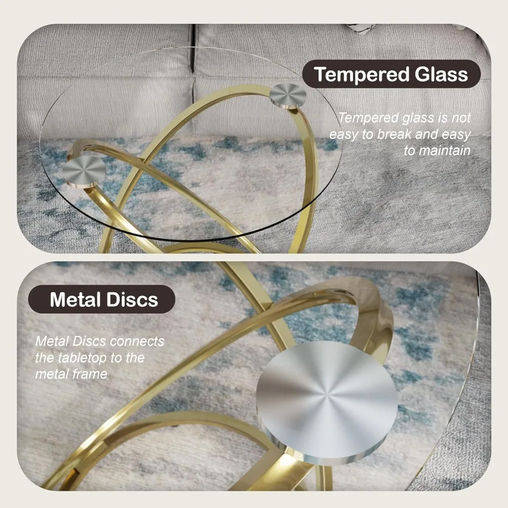 31 Glass Coffee Table, Modern End Table with Ring Gold Metal Frame, Round Glass Coffee Table for Decoration, Small Gold Coffee T