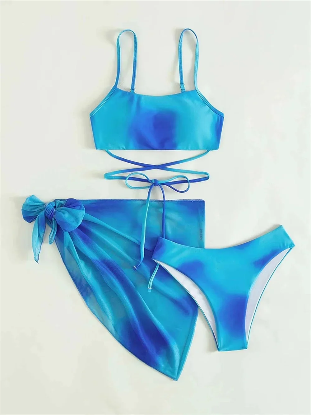 Gradient Tie Dye Sling Bikini Micro String Swimsuit Beach Cover-Up Y2K Vacation Swimwear Women Push Up Bath Suits 3-Piece Outfit