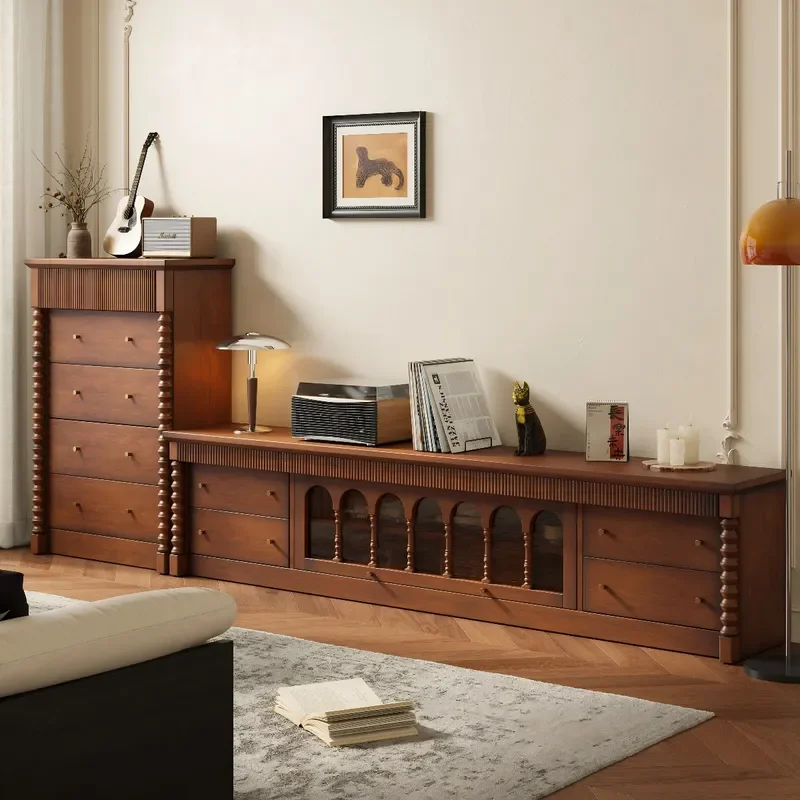 French Retro Solid Wood TV Cabinet Medieval Old Money Style European Villa Large Living Room Audio Visual Floor Storage Unit