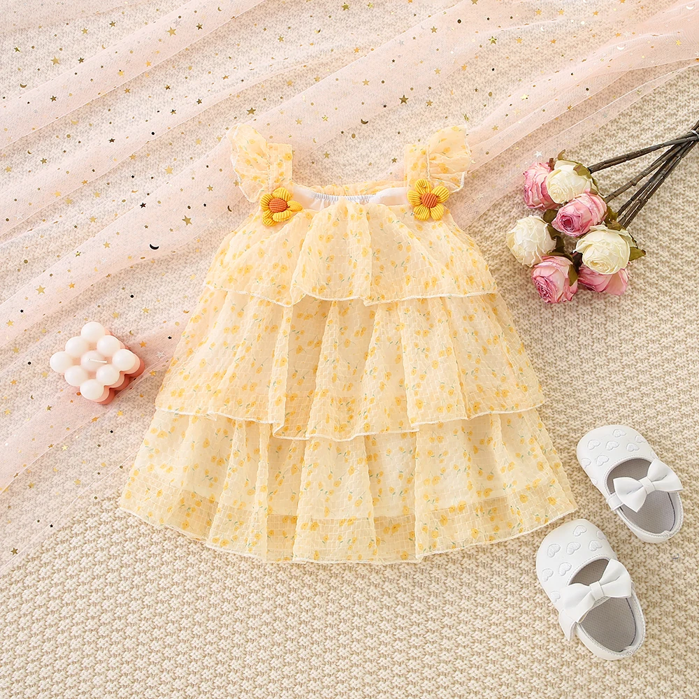 Summer New Girl Baby Dress Solid Color Flower Mesh Light and Thin Small Flying Sleeves Sweet Princess Dress