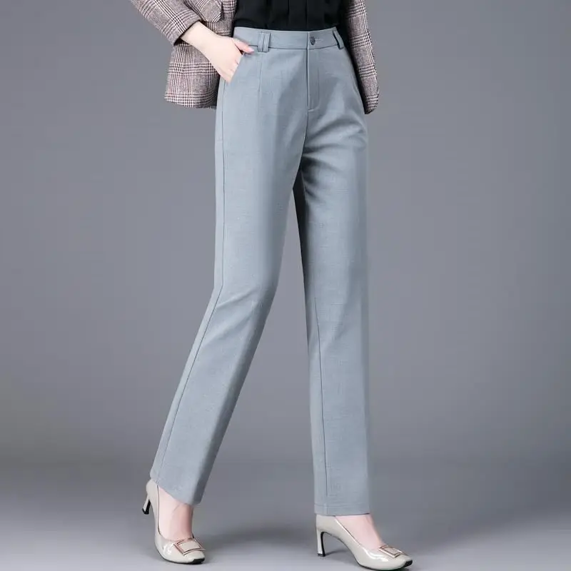 Summer Thin for Women Button Patchwork Pockets Straight Long Trousers Office Lady Solid Color Higt Waist Nine Points Suit Pants