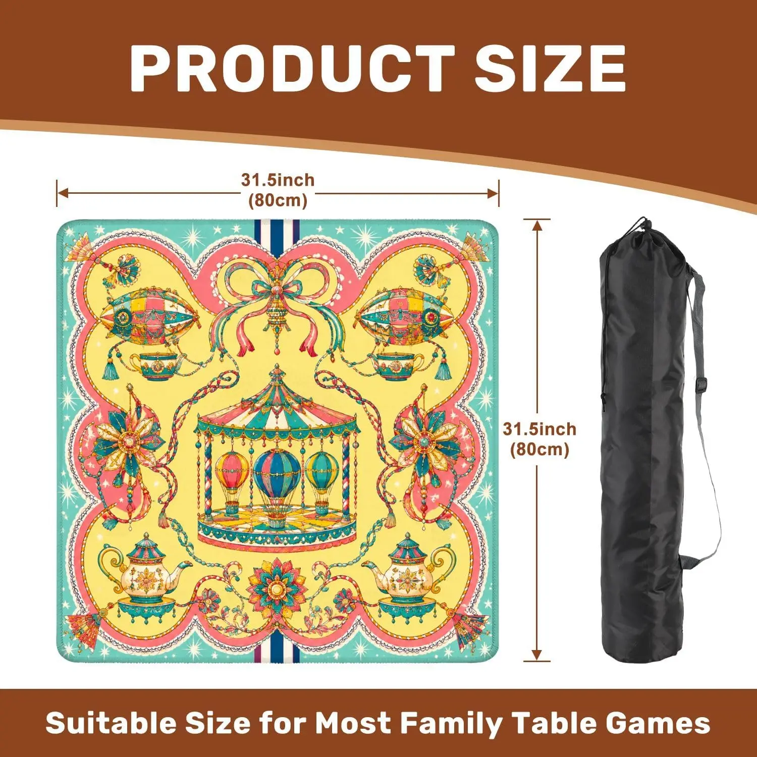 Mahjong Mat Neoprene Luxury 3mm 31.5 Inch Royal Carriage Horses Decor Non Slip Noise Reduction for Mahjong Dominoes