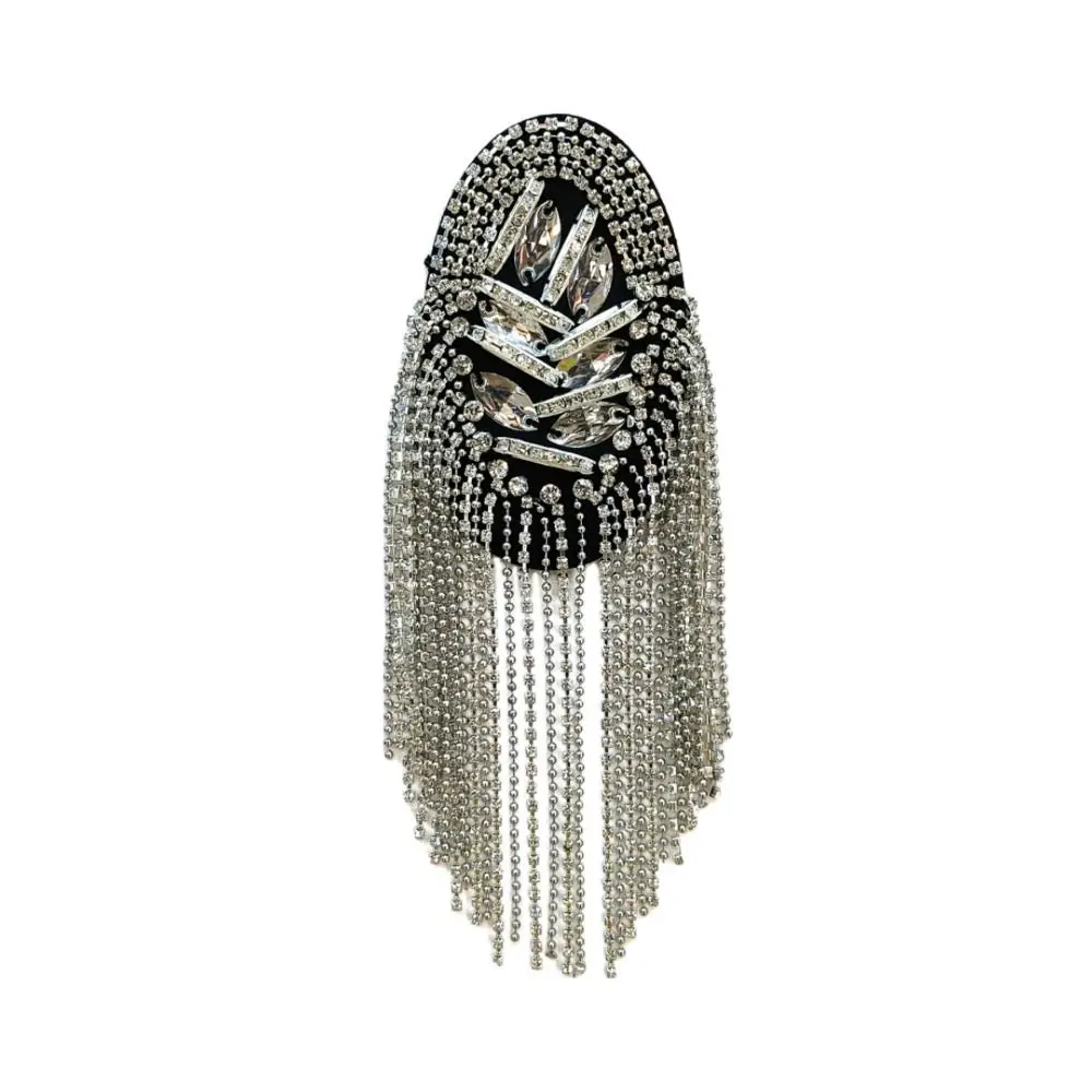 New Long Chain Shoulder Tassel Epaulet Detachable Rhinestone Brooch Badge Jewelry