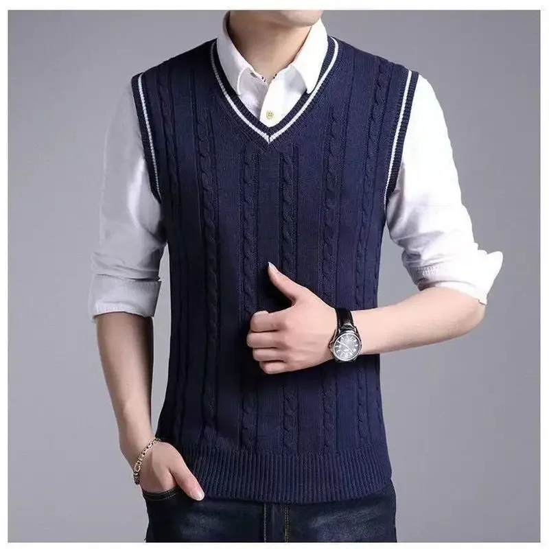 2023 Autumn Winter Men Uniform Vest Fashion V Neck British Student Sleeveless Vest Waistcoat Tops Business Sweaters Vests