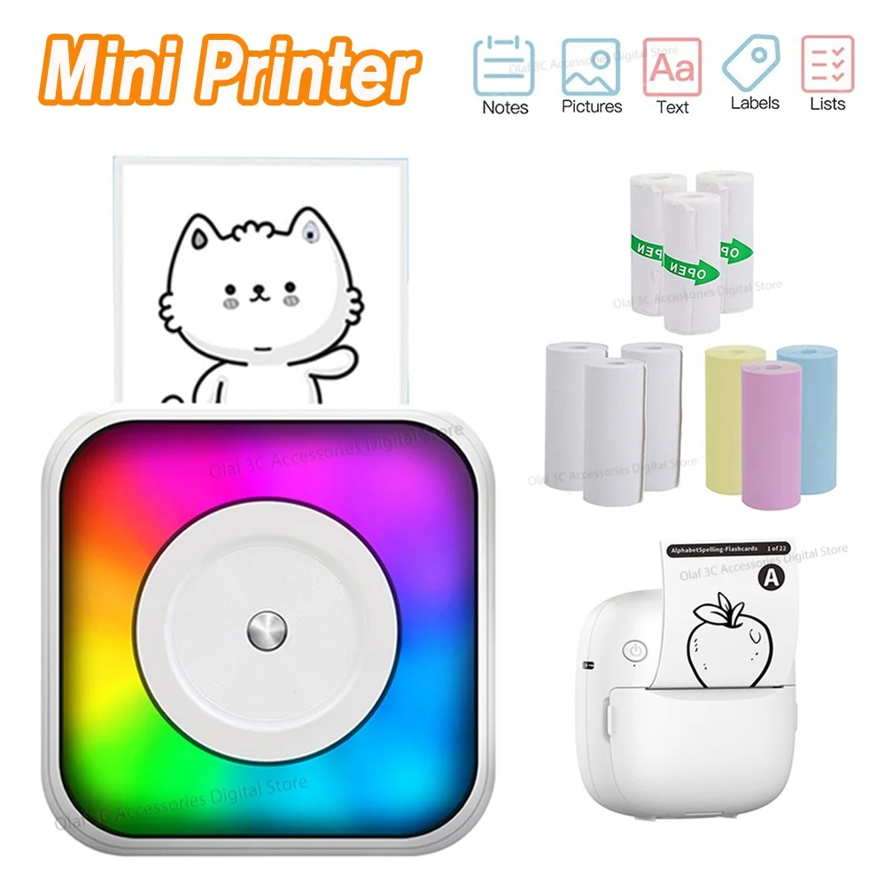 HD Mini Portable Photo Printer Adhesive Label Thermal Sticker Printers BT Inkless mini Impresora Portatil With Colored LED light