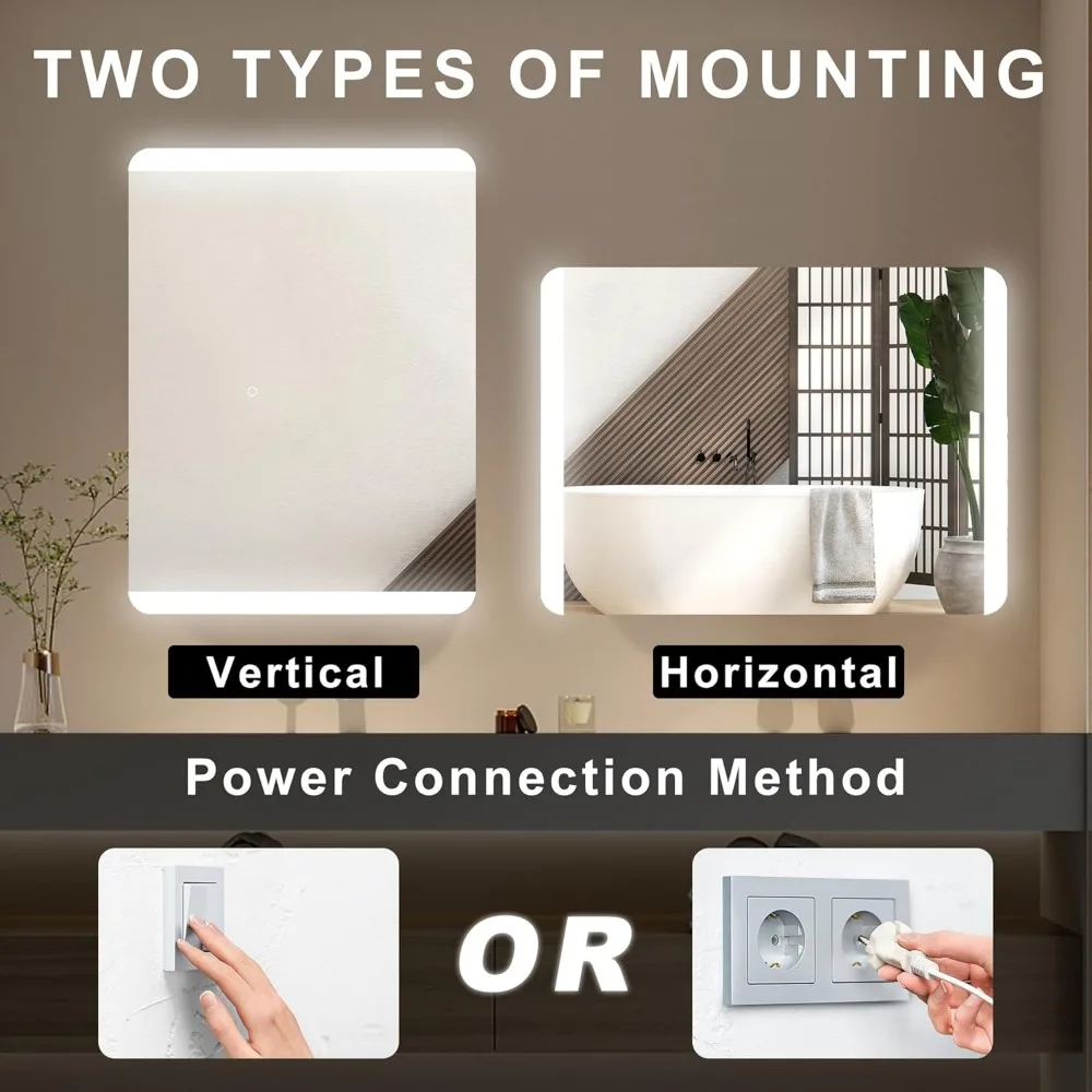 Espelho de vaidade retroiluminado LED retangular sem moldura com cantos arredondados e vidro inquebrável para uso em banheiro