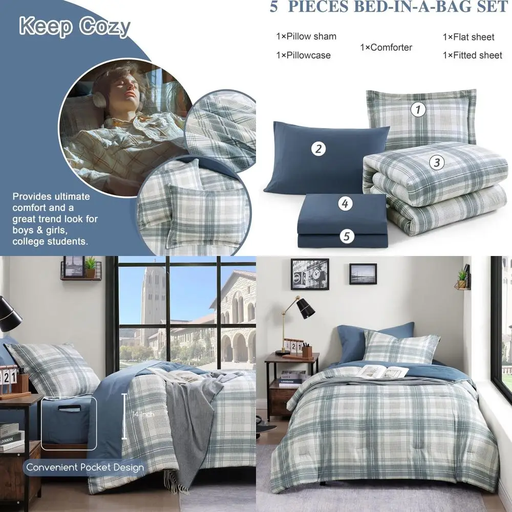 

5-Piece Blue Grey Plaid Comforter Set for Teens, Kids Bedding with Sheets, Pillowcases & Shams