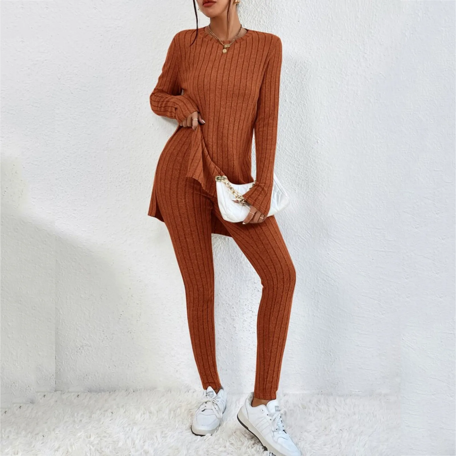 Casual Two Piece Set Women Outfits 2024 Autumn/Winter New Fashion Solid Knitted Long Sleeve Sweater & Loose Pants Suit Elegant