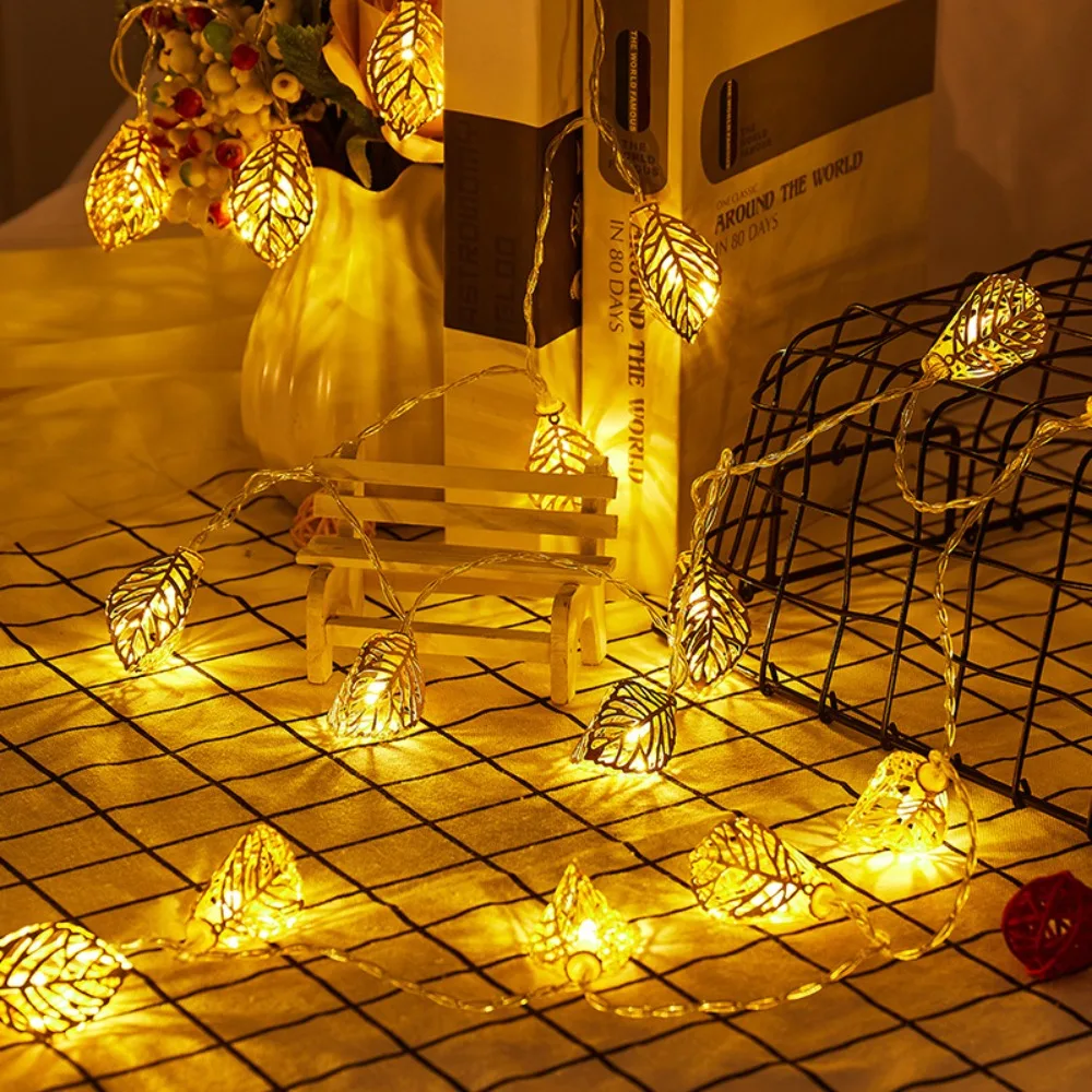 Hollow Leaf LED String Lights, Bateria, USB, Fairy Lights, Decoração Festival, Lâmpada de guirlanda impermeável, 10 LED, 20 LED