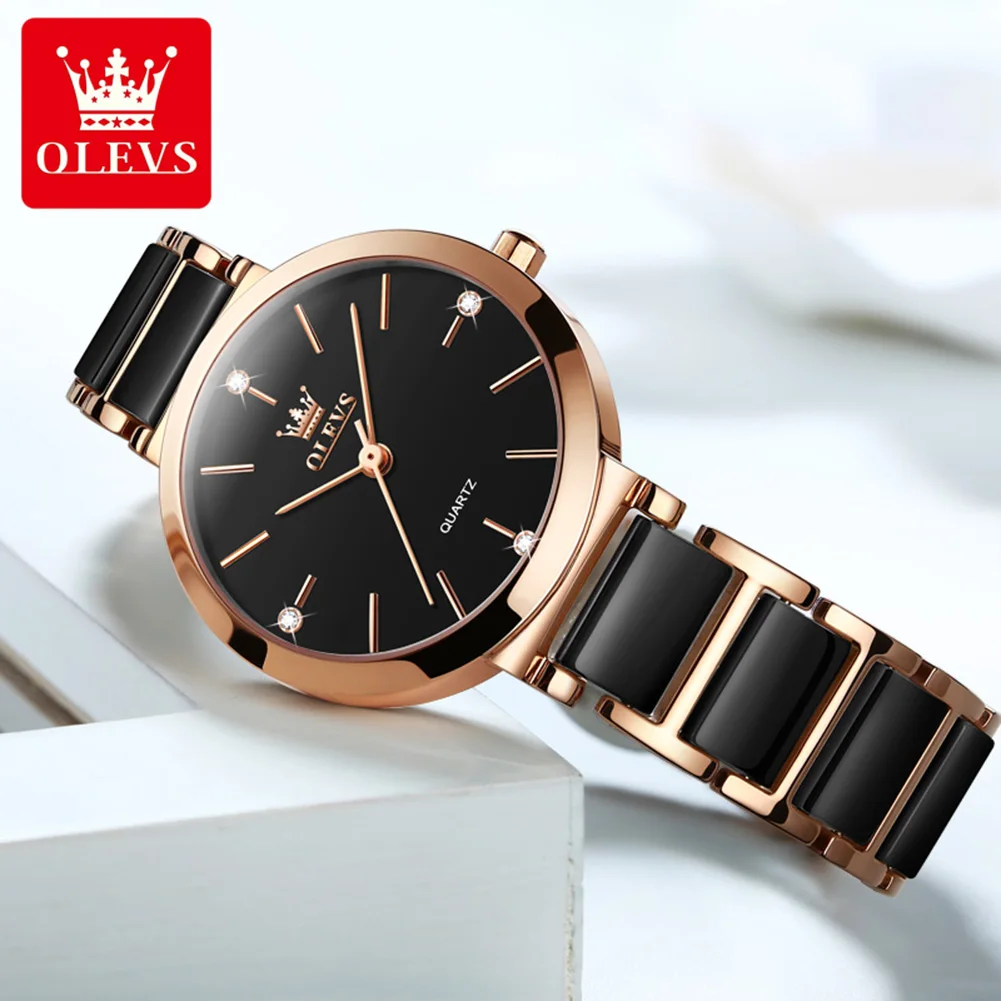 OLEVS 5877 Women\'s Watches Luxury Original Quartz Ladies Wristwatch Elegant Rose Gold Ceramics Strap Waterproof Watch for Women