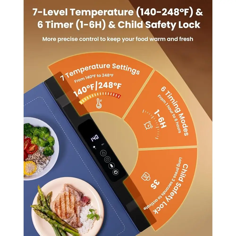 Electric Warming Tray Kitchen Countertop Food Warmer with 7 Temperature Settings 6 Hour Timer Safe Eco-Friendly Silicone Design