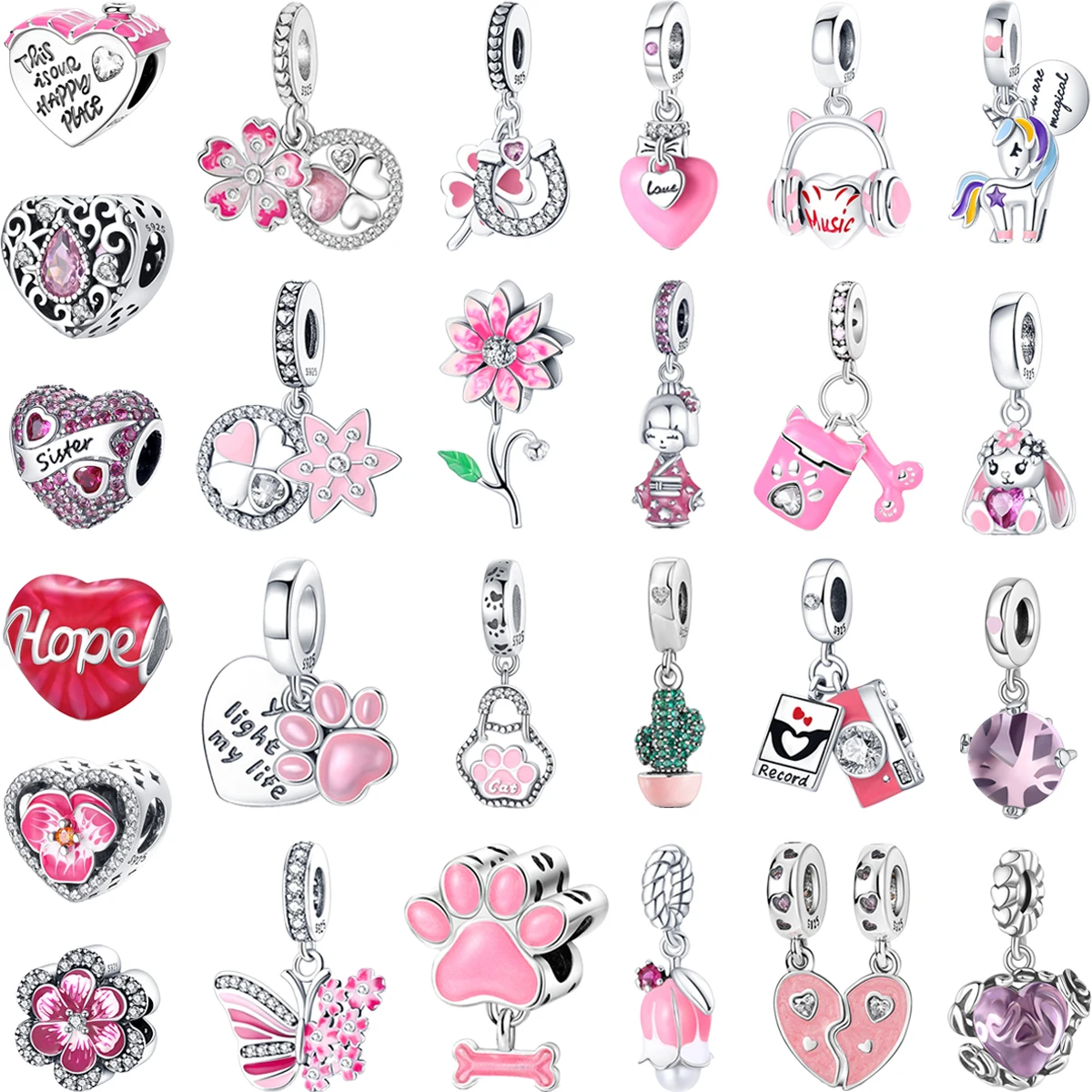 Original 925 Sterling Silver Charms Pink Headphone Heart Flower Beaded Pendant for Necklace DIY Bracelet Ladies Jewellery Gift