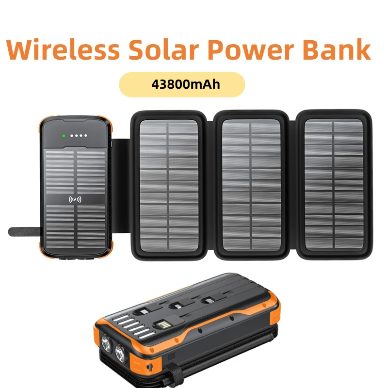 

Solar Power Bank 43800mAh Wireless Charger PD20W Fast Charging with Light Portable Charger Powerbank for iPhone 16 Xiaom Samsung