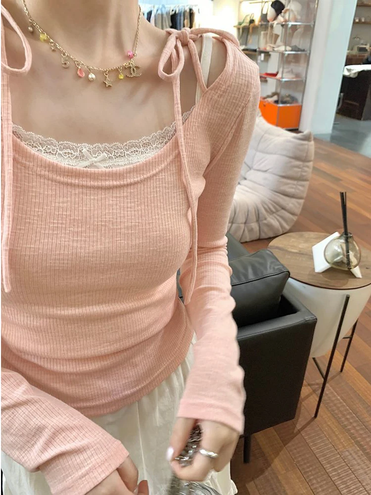 Pure Desire Spicy Girl Long Sleeve Knitted Sweater Women's Spring Slim Fit Inner Lace Knot Halter Top Base Two Piec...