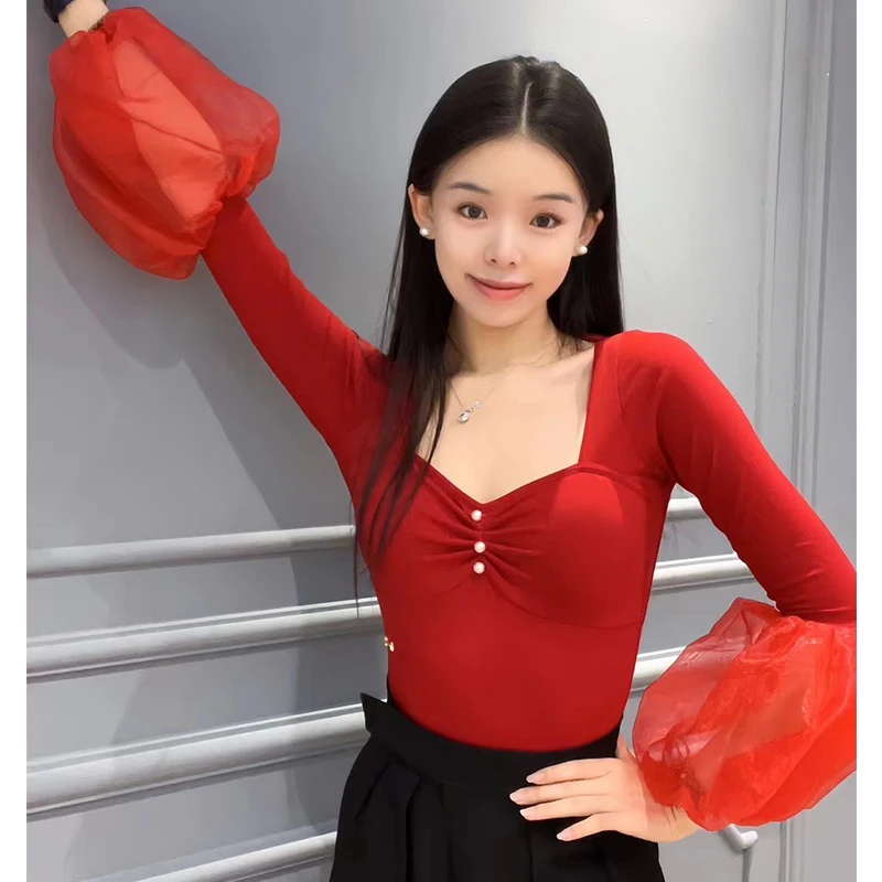 2024 Red Ballroom Dance Performance Clothes maniche a bolle top Adult Latin Practice Wear Rumba Samba Cha Cha body DNV19350