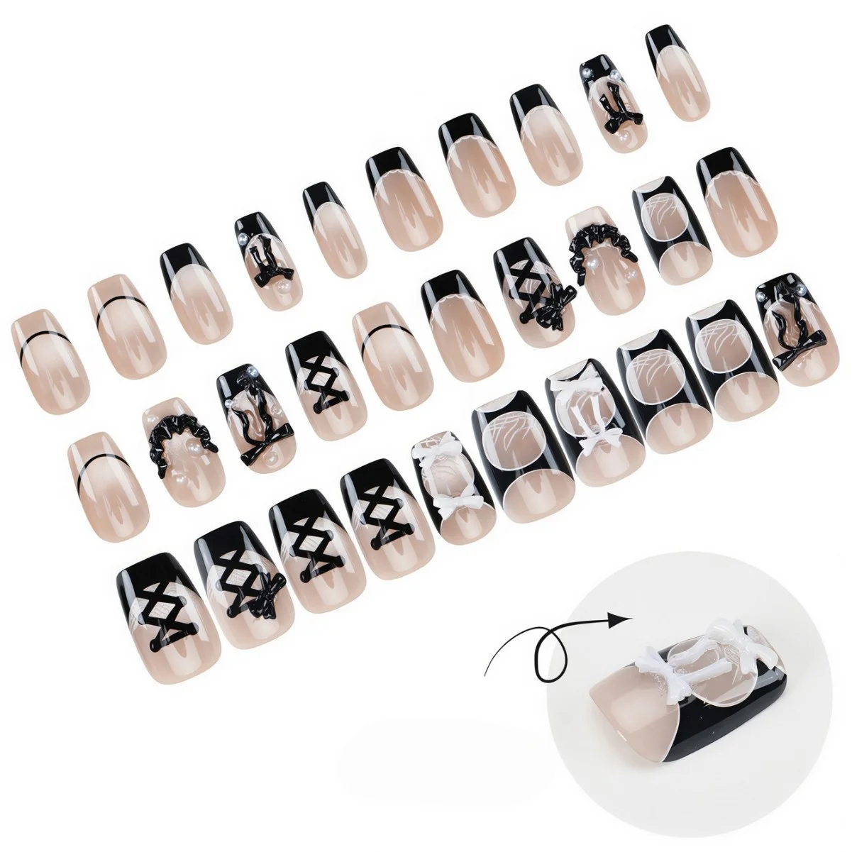 30 Stück Lothic Lolita 3D Schleife Spitze Perle Aufklebenägel Schwarz Weiß Französische Falsche Nägel Mittellange Vollabdeckung Nagelspitzen für Frauen & Mädchen – Detail 4