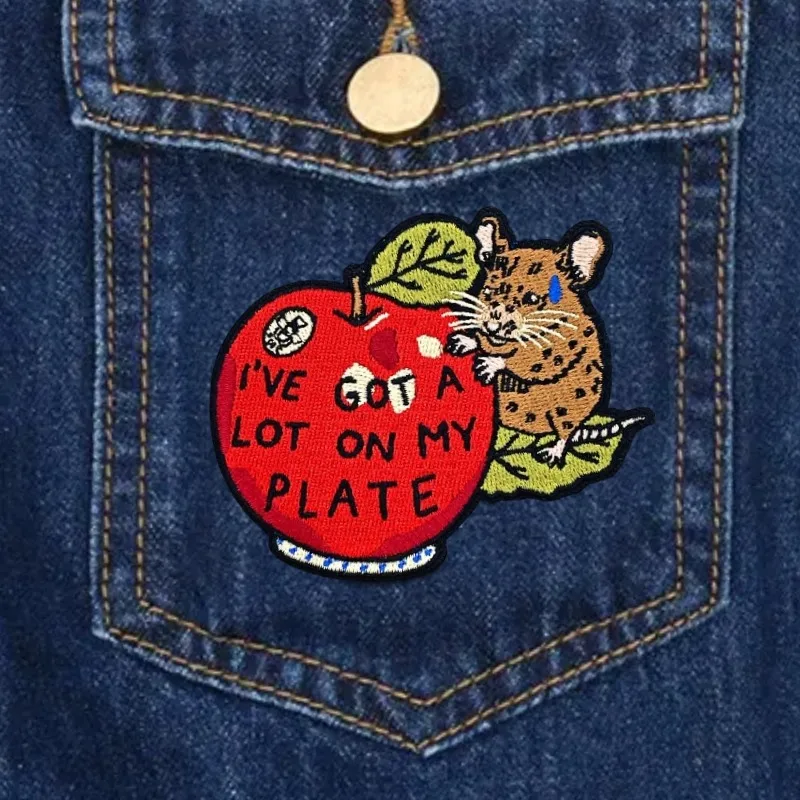1pc Ich habe viel auf meinem Teller, großer Apfel & kleine Maus bestickt Patch Eisen auf Nähen auf Patches für Kleidung Tasche Kappe DIY Geschenk