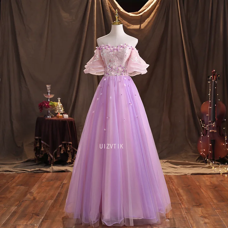 Customized Purple Ball Gown Women Evening Dresses Women Appliques Tulle Prom Birthday Party Gowns Formal Wedding Dresses