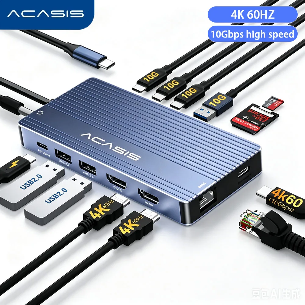 ACASIS 14-in-1 USB-C Dockingstation mit drei 4K60Hz-Displays, HDMI, PD100W, 10Gbps Hub, RJ45, SD- und TF-Kartenleser für Mac, Windows und Laptops