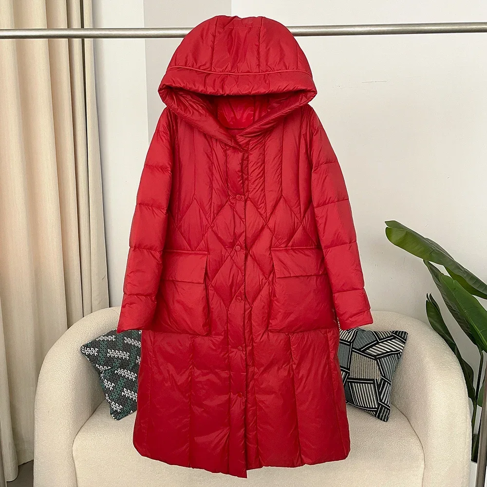 

Осень/зима 2022, корейский женский повседневный утолщенный теплый пуховик средней длины с капюшоном, стеганый пуховик на белом утином пуху