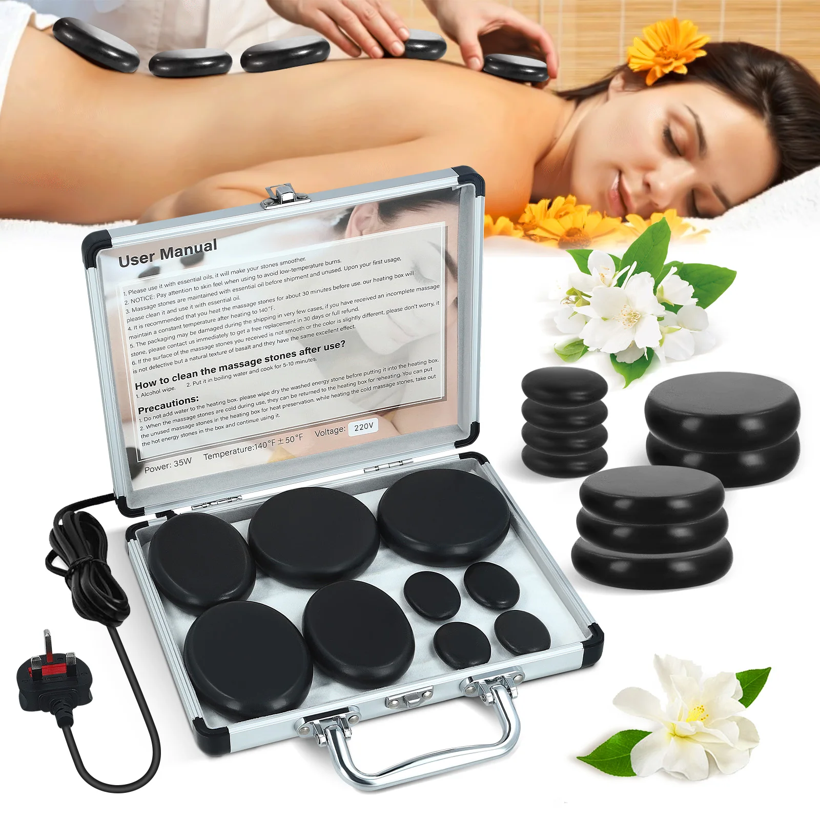 9-piece spa hot stone set box, energy caryophyllo constant temperature heating box, essential oil massage stone