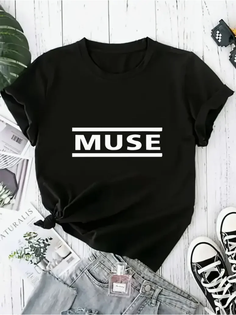 Muse Classic Women's Plus Size Short Sleeve Crew Neck T-Shirt - Black with White Bold 'MUSE' Letter Print, Loose Casual Fit