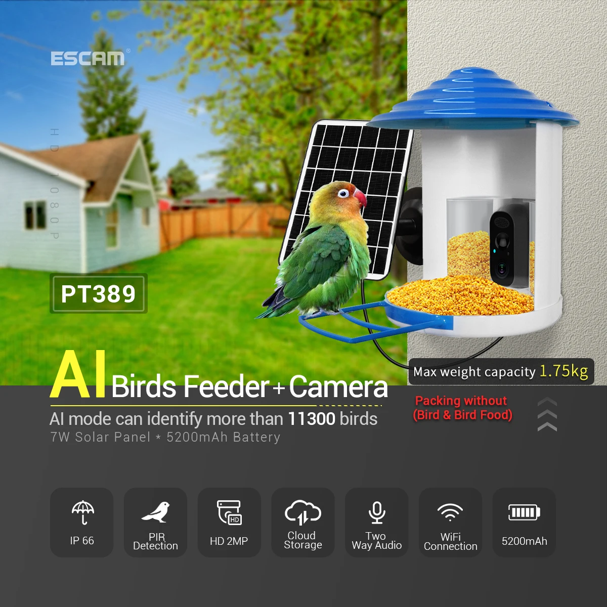 ESCAM PT398 2MP 1080P iCam365 APP AI Bird Feeder Solar Power IP Camera Watch Bird Wireless CCTV Monitor