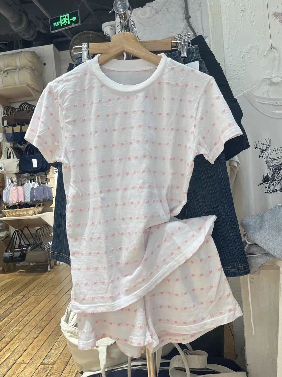 

Hearts Print Cotton Thin Shorts 2 Piece Set Women Round Neck Short Sleeve T-shirt+Shorts Summer Home Cozy Sweet Casual Pajamas