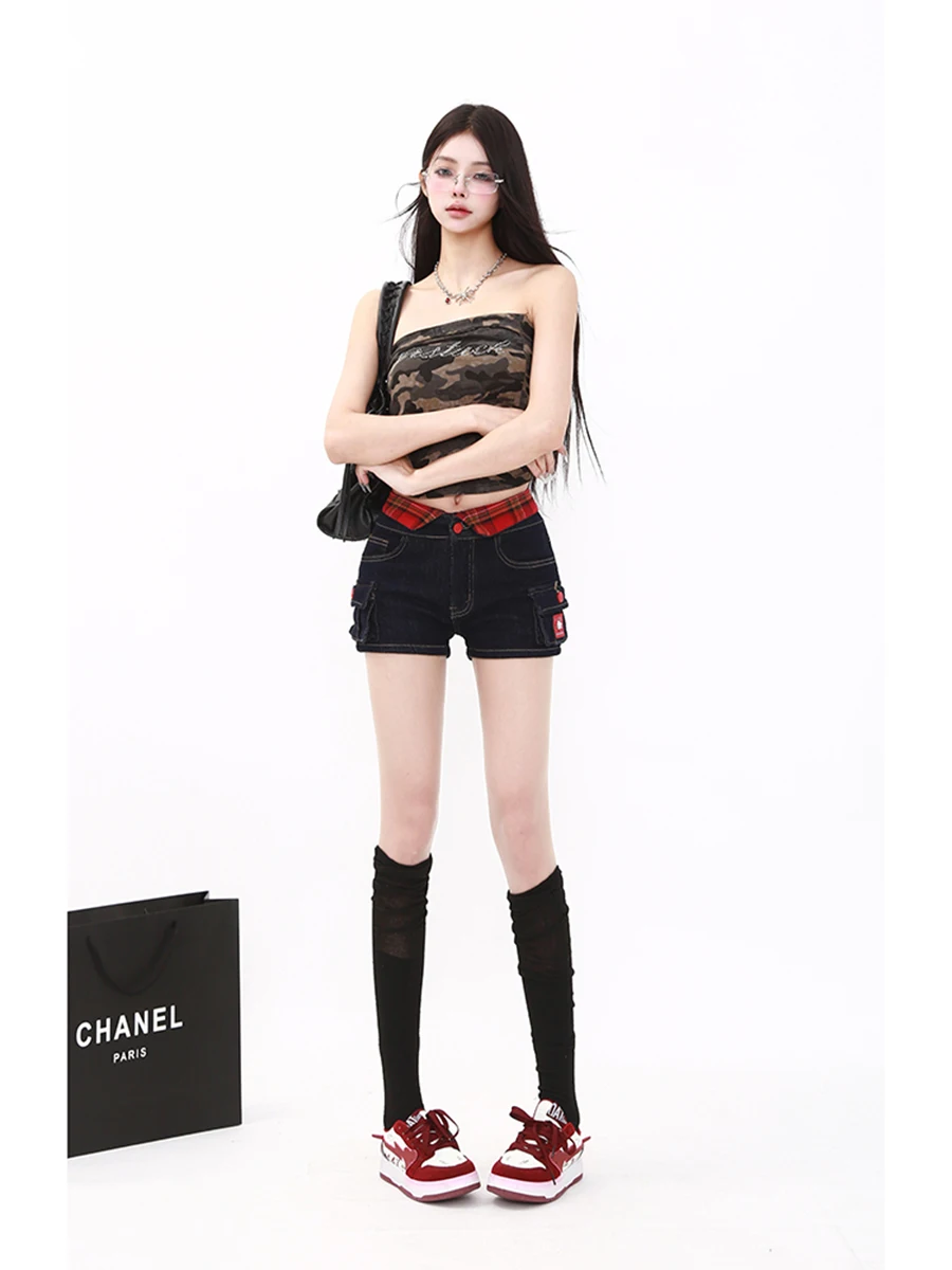 ReddaChic Kitty Pantaloncini di jeans Spice Girl ricamati per donna Stile estivo con design scozzese Splicing Matita Pantaloni caldi Y2K Wear