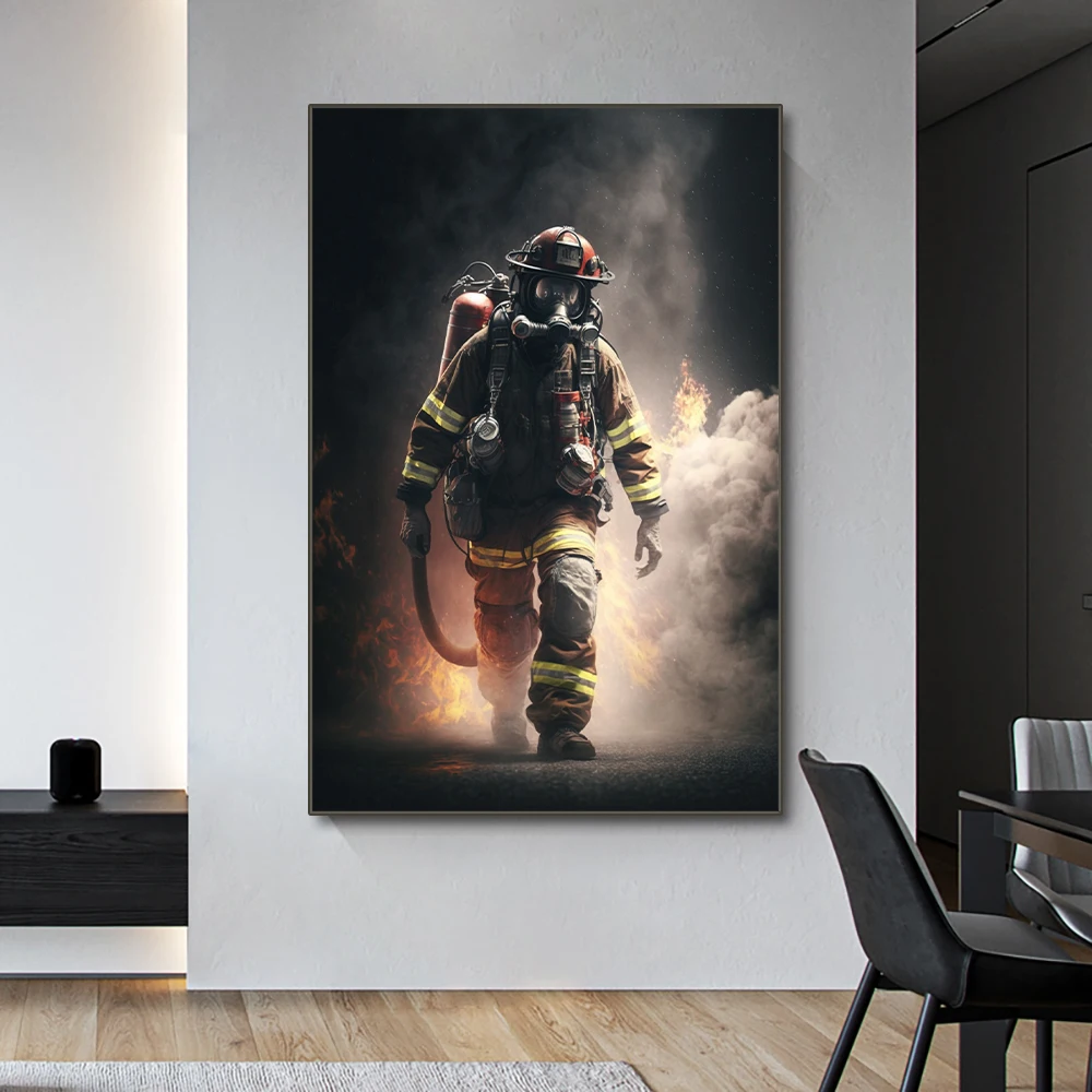 Fireman Portrait Poster Print Canvas Painting Firefighter Wall Art Pictures for Modern Living Room Home Interior Decoration