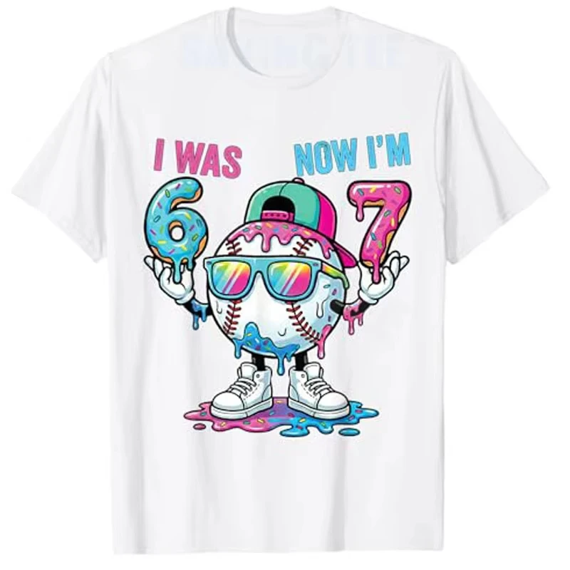 I Was 6 Now I'm 7 Baseball 7th Birthday Boys Fashion 67 Meme T-Shirt Sons B-day Party Novelty Gift Humor Funny Sportswear Tee