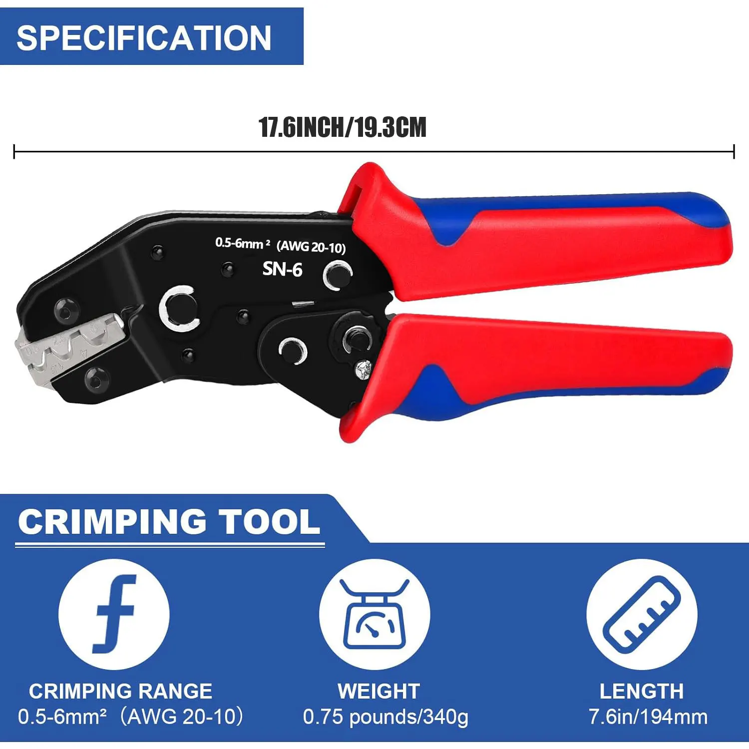 SN-6 Wire Crimping Plier Hand Crimper Tool for Non-Insulated Terminals & Heat Shrink Connectors AWG 20-10 (0.5-6mm²) Crimper