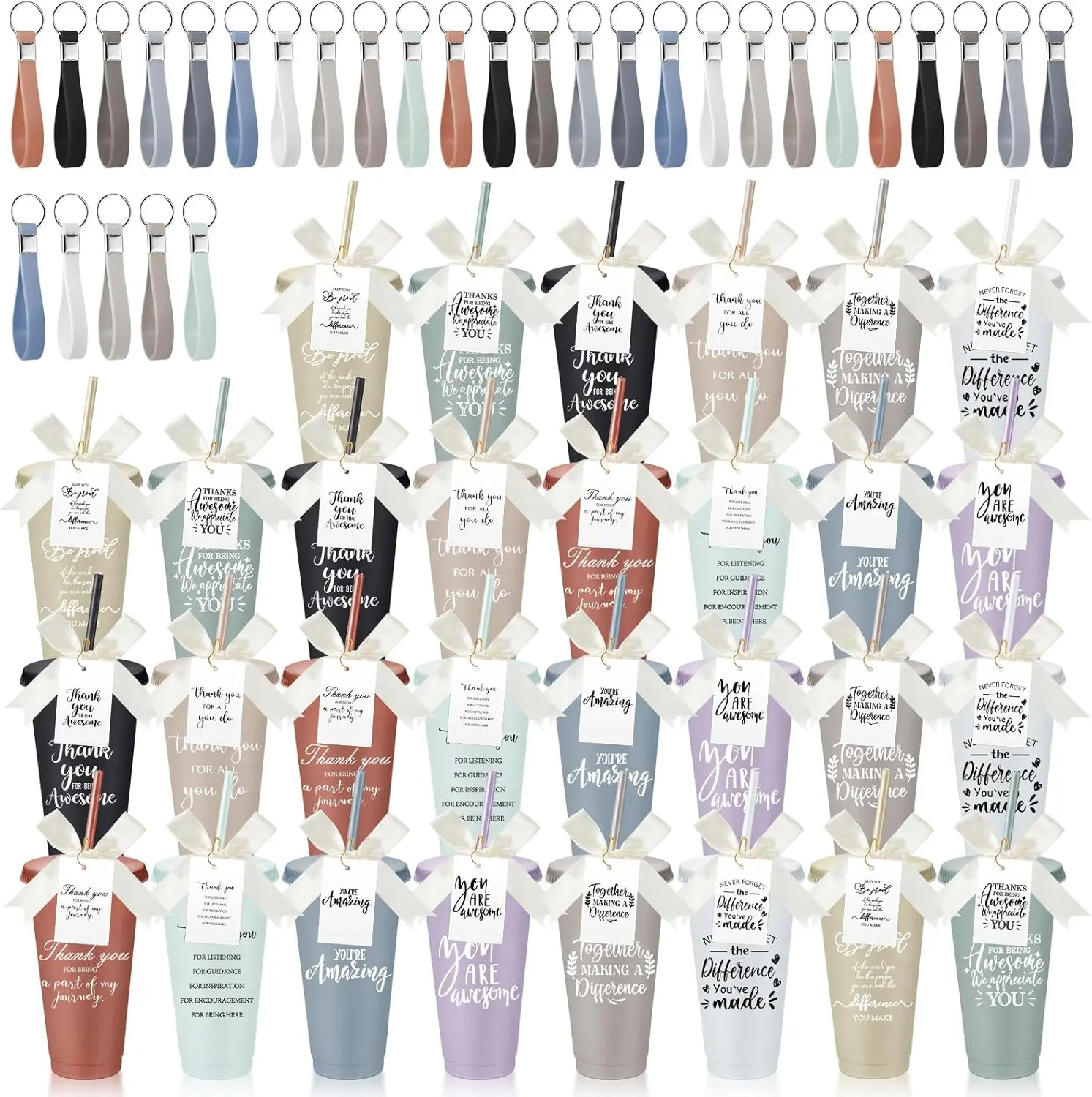 

30 Sets Employee Appreciation Gifts Bulk 24 oz Plastic Tumbler with Lid and Straw Reusable Coffee Cups with Keychain Bowk