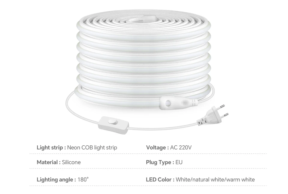 220V COB Led Strip High Density Waterproof COB LED Strip EU Plug Flexible Ribbon for Kitchen Cocina Cabinet Outdoor Garden Light