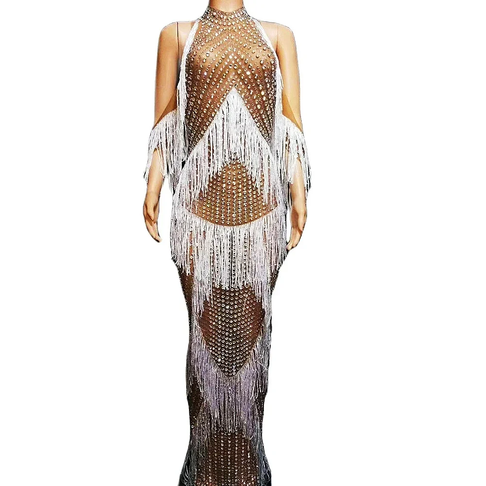 Fora do ombro brilhante strass borla sexy split vestido longo para mulheres noite banquete artista drag queen trajes