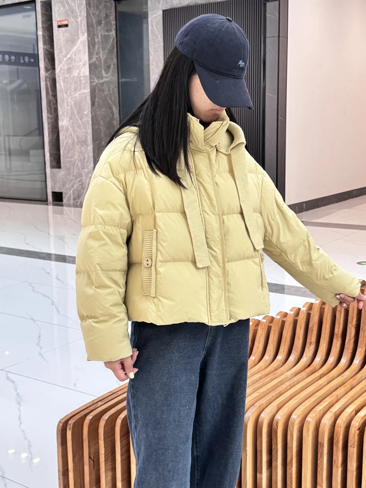 

Зимний короткий вязаный пуховик с капюшоном, женские стеганые куртки на молнии, женские однотонные куртки-парки на белом утином пуху