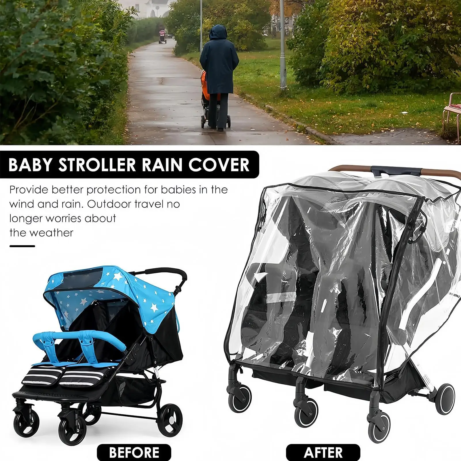 Stroller Rain Cover Waterproof Breathable Windproof Baby Stroller Poncho Dust Protector For Winter Summer Outdoor Travel Daily