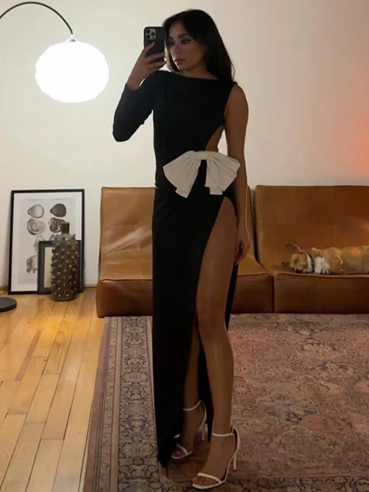 Sexy Party Maxi Dress For Women Autumn Fashion Bow Backless Bodycon Split Long Dress Female Casual Streetwear Club Elegant Dress