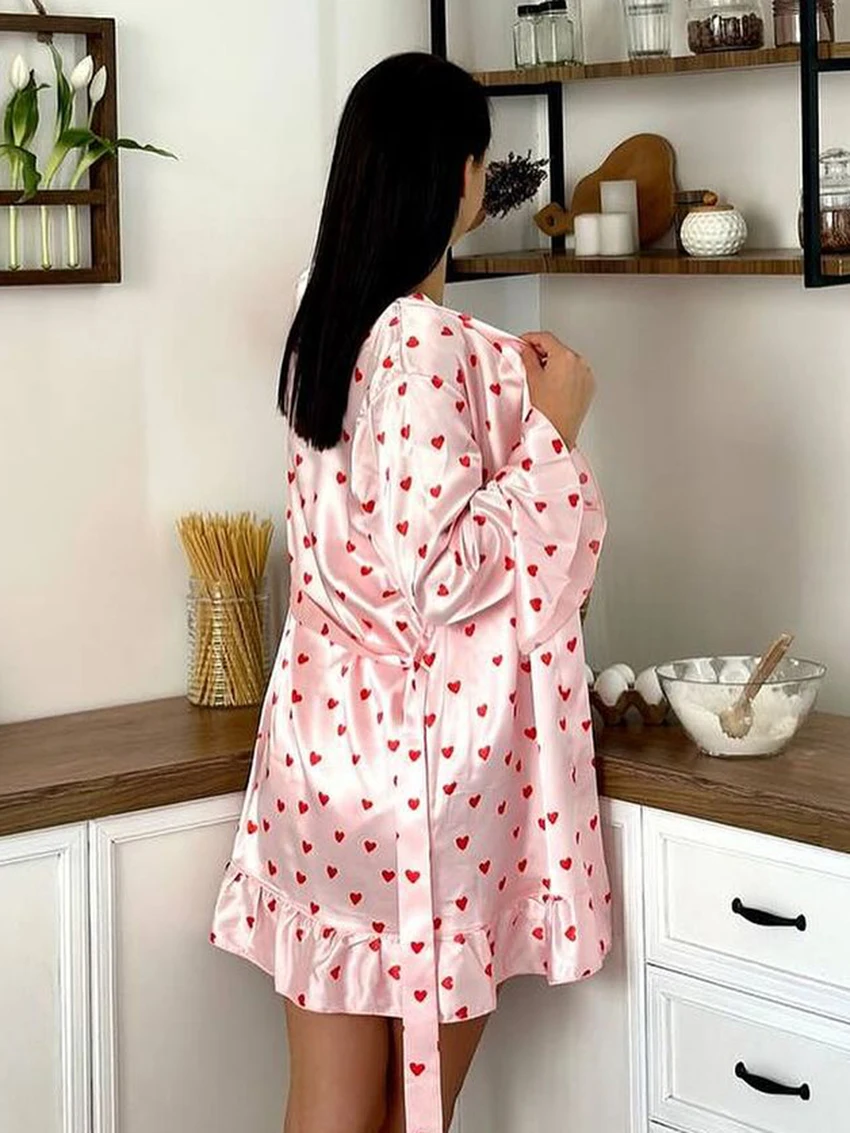 Marthaqiqi Printing Female Nightgown Suit V-Neck Pajamas Long Sleeve Sleepwear Lace Up Nightie Shorts Casual Women Nightwear Set