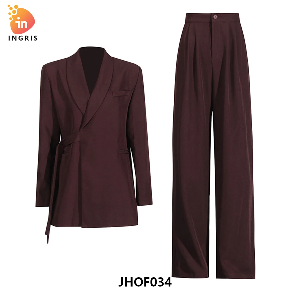 

2025 New Arrivals Spring New High End Quality Women Burgundy Asymmetrical Designs Blazer With Trousers Suit Set-JHOF034