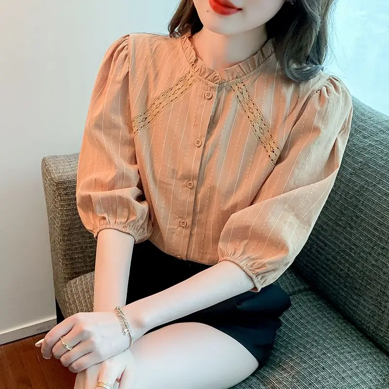 جديد الصيف النمط الفرنسي الخشب الفطريات الرقبة فضفاضة القطن المرأة قميص مزاجه خمس نقاط كم بلون أعلى