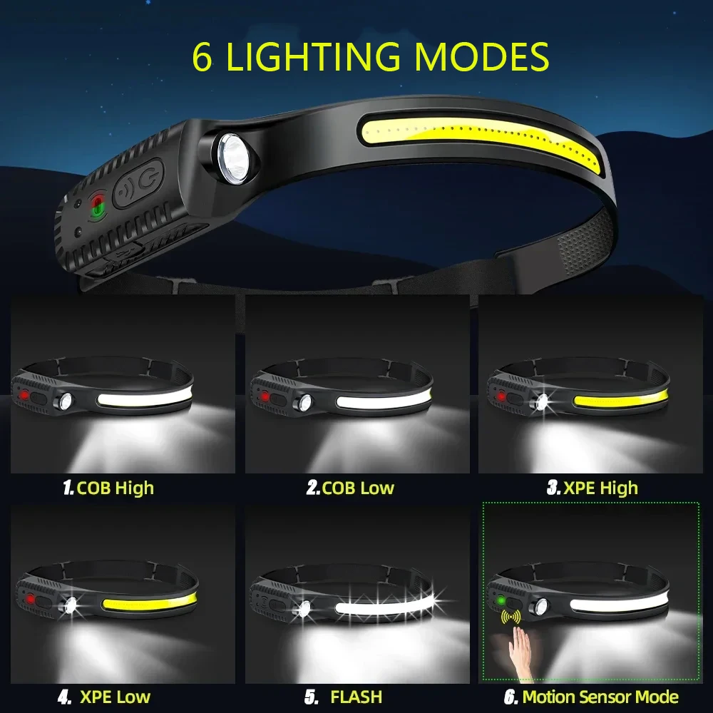 High Strong COB Sensor Head Flashlight USB Rechargeable Waterproof Head Lamp with Built in Battery Fishing Camping Head Light