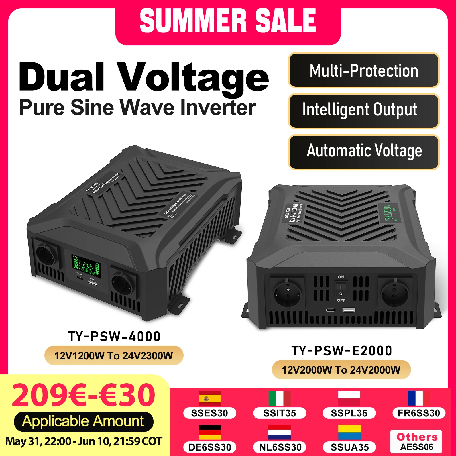 DATOUBOSS Przenośny falownik samochodowy 1200W 2000W 3000W Czysta fala sinusoidalna Podwójny falownik napięciowy 12V do 24V Automatyczne przełączanie falownika słonecznego
