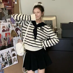 Women Autumn Winter Casual Preppy Style Striped Color Blocking Knitting Women Clothing All-match Slim Long Sleeve Pullovers Tops