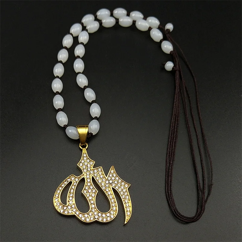 

Rhinestone Arabic Allah God Car Pendant for Men Women Stainless Steel Gold Color Islamic Muslim Amulet Pray Beads Chain Jewelry