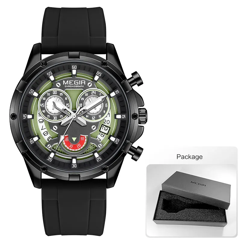 MEGIR Men's Quartz Watch with White Silicone Strap Luminous Hands Fashion Sport Waterproof Chronograph Wristwatch with Calendar