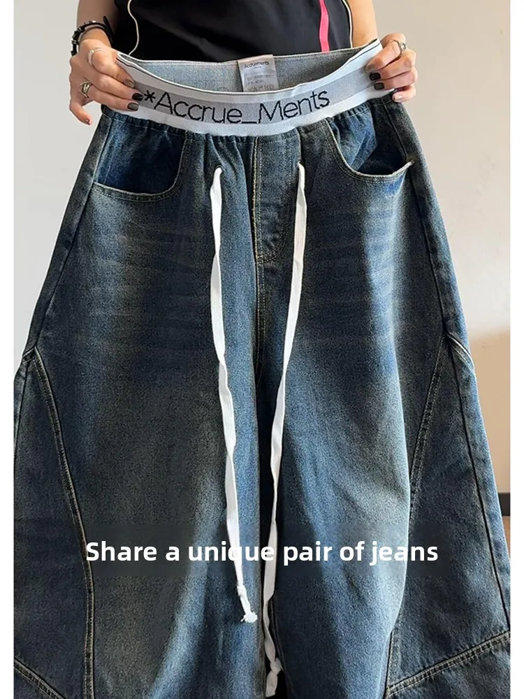 

American Style Letter Embroidery Elastic Waist Knife Denim Pants 3D Tailoring Splicing Workwear Wide Leg Trousers