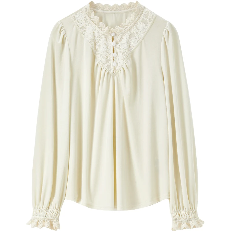 SENTUBILA Splicing Lace Shirt Women 2025 Autumn Long Sleeve Elegant Lotus Leaf Collar Rose Button Cuff Velvet Blouse 153CJ3048