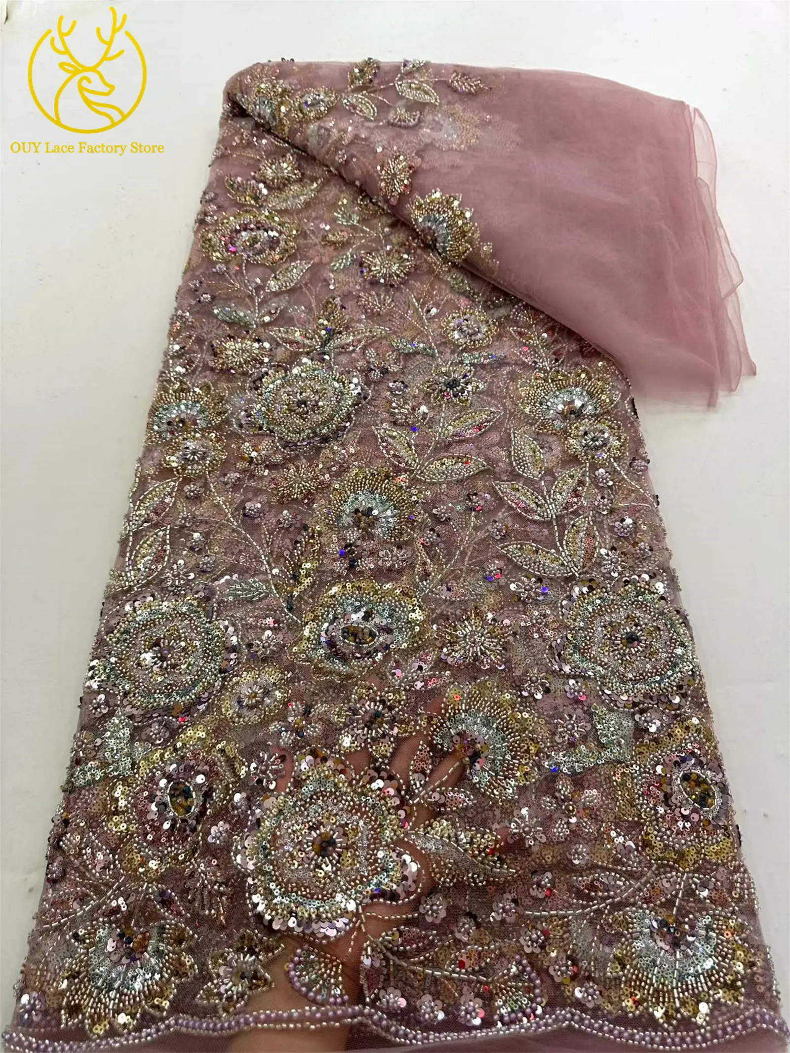 2026 Modische Afrikanische Bräutigam-Spitzenstoffe mit Stickerei und Perlen, 5 Yards Französischer Tüll mit Pailletten, Nigerianischer Spitzenstoff für Hochzeitskleider – Detail 10