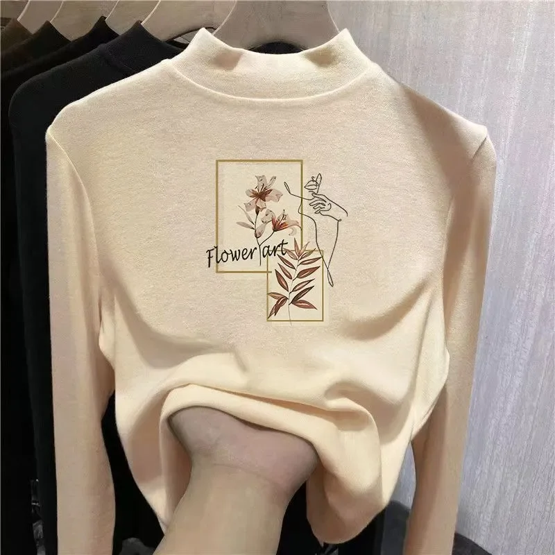 Women Cotton Half Turtleneck Long Sleeve T Shirt Minimalist Line Figure Floral Print Slim Fit Brushed Inner Layering Top